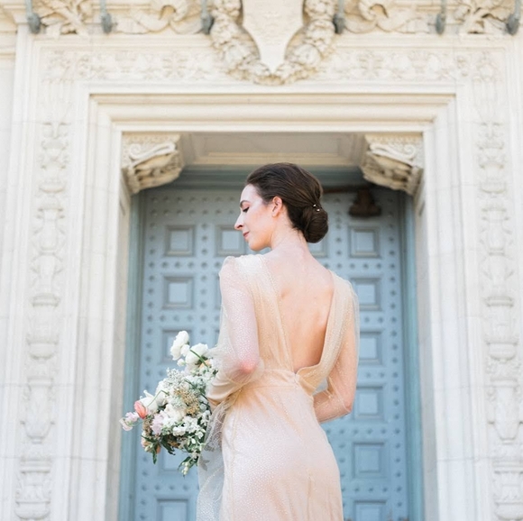 Long Sleeve Plunge Neckline Formal Gown - Nude/Glitter - M - Picture 7 of 16